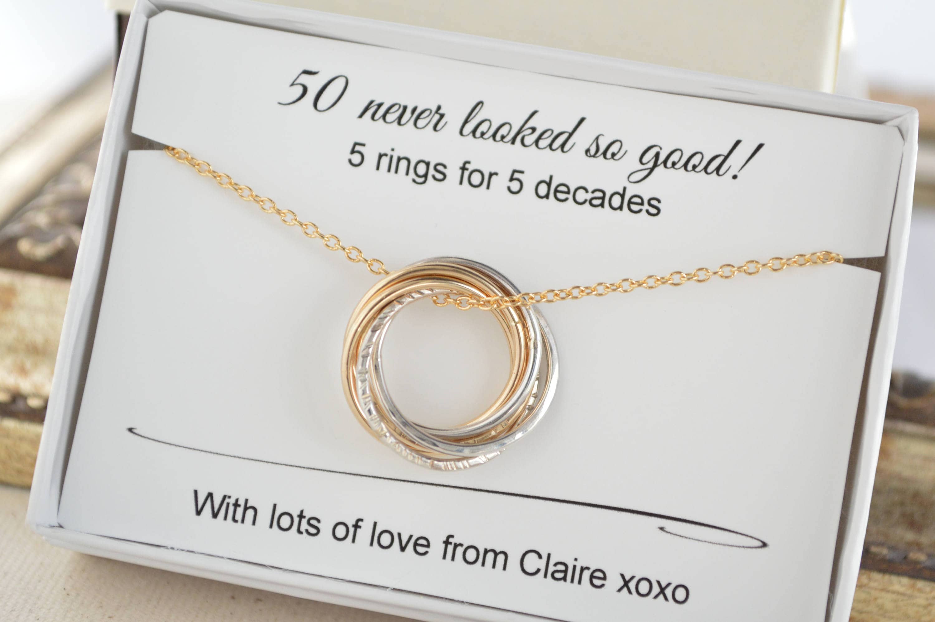 50th Birthday gift for women, 5 Rings necklace, 50th ...