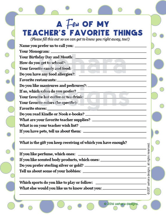 Teacher's Favorites List / Teacher Questionnaire / Teacher