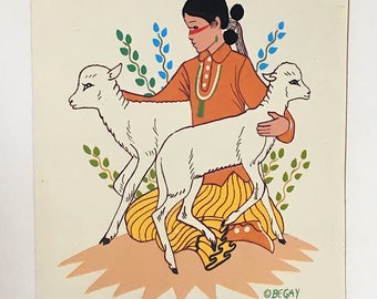 Vintage Harrison Begay Print - Navajo Artist - 1950's Silkcreen Reproduction - Mid Century Art - Girl with Sheep