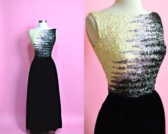 FLASH SALE 30% 7/21-7/24 CAMEO New York 1950's 1960's Vintage Shimmery Iridescent Sequins Cream Purple Black Velvet Floor Length Evening Gow
