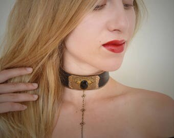 Black Onyx Leather Neck Choker with Brass Chain