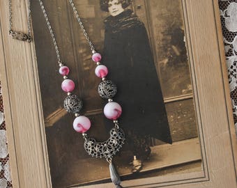 Antique Pink Glass Filigree Necklace