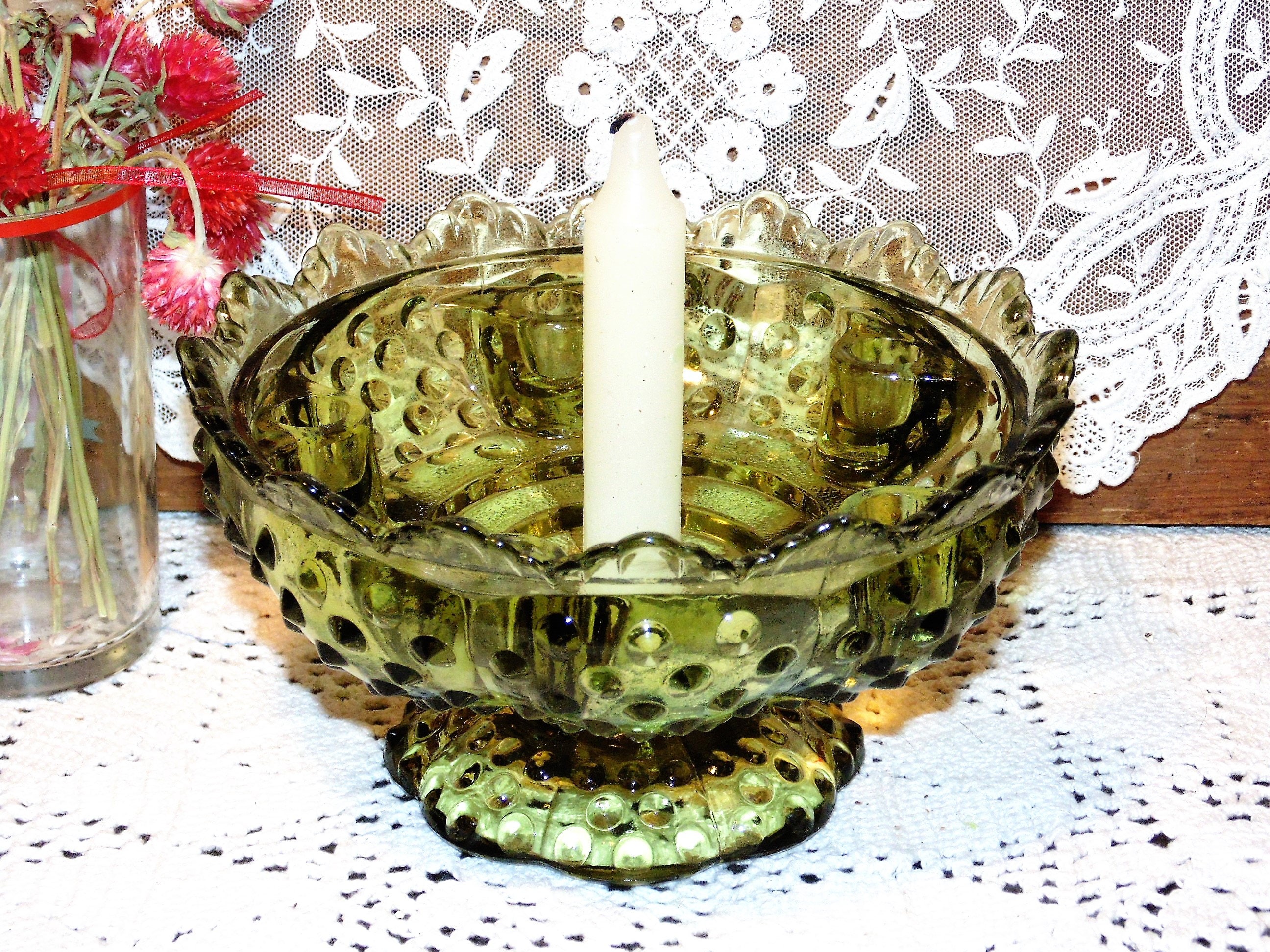 Fenton Hobnail Candle Holder Centerpiece Colonial Green