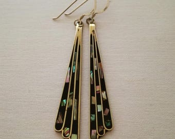 Vintage Earrings, Art Deco, Fan Design, Dainty and Feminine, Romantic Bridal Wear, Handmade in Mexico, Sterling Silver Earwire, Abalone, 80s