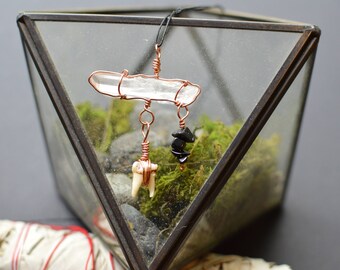 One of a Kind Deer Tooth Raw Quartz Point Necklace || "The Hanged Man" || halloween || spooky gifts || gothic vibes