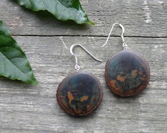 Natural Wood earrings~Rustic branch rounds earrings-all natural Green spalted birch-NO DYES-Green gift-unique gift for her-sterling silver