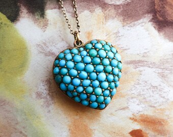 Antique 1880's Pave' Cabochon Natural Turquoise Victorian Gold Heart Locket 10k Rose Yellow Gold