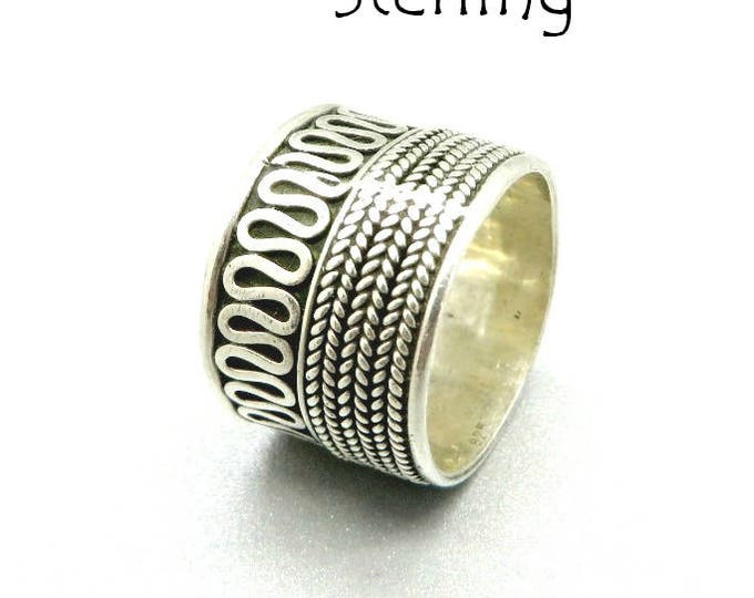 Sterling Silver Wide Band Ring, Vintage Scrolled & Braided Band Ring Size 7