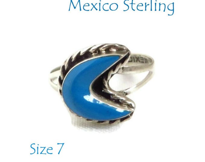 Vintage Turquoise Crescent Ring, Mexico Sterling Silver Braided Ring, Size 7