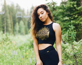 Golden Sacred Geometric Honey Bee - Black Fitted Crop Top - Women's Sacred Geometry Clothing - Yoga Wear - Honeycomb - Festival Clothing
