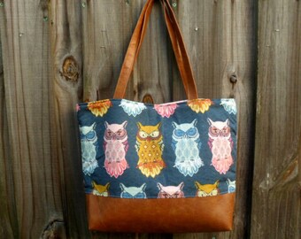 Owl Tote Bag, Large Diaper Bag, Weekend Bag, Fabric Purse, Owl Shoulder Bag, New Mom Gift