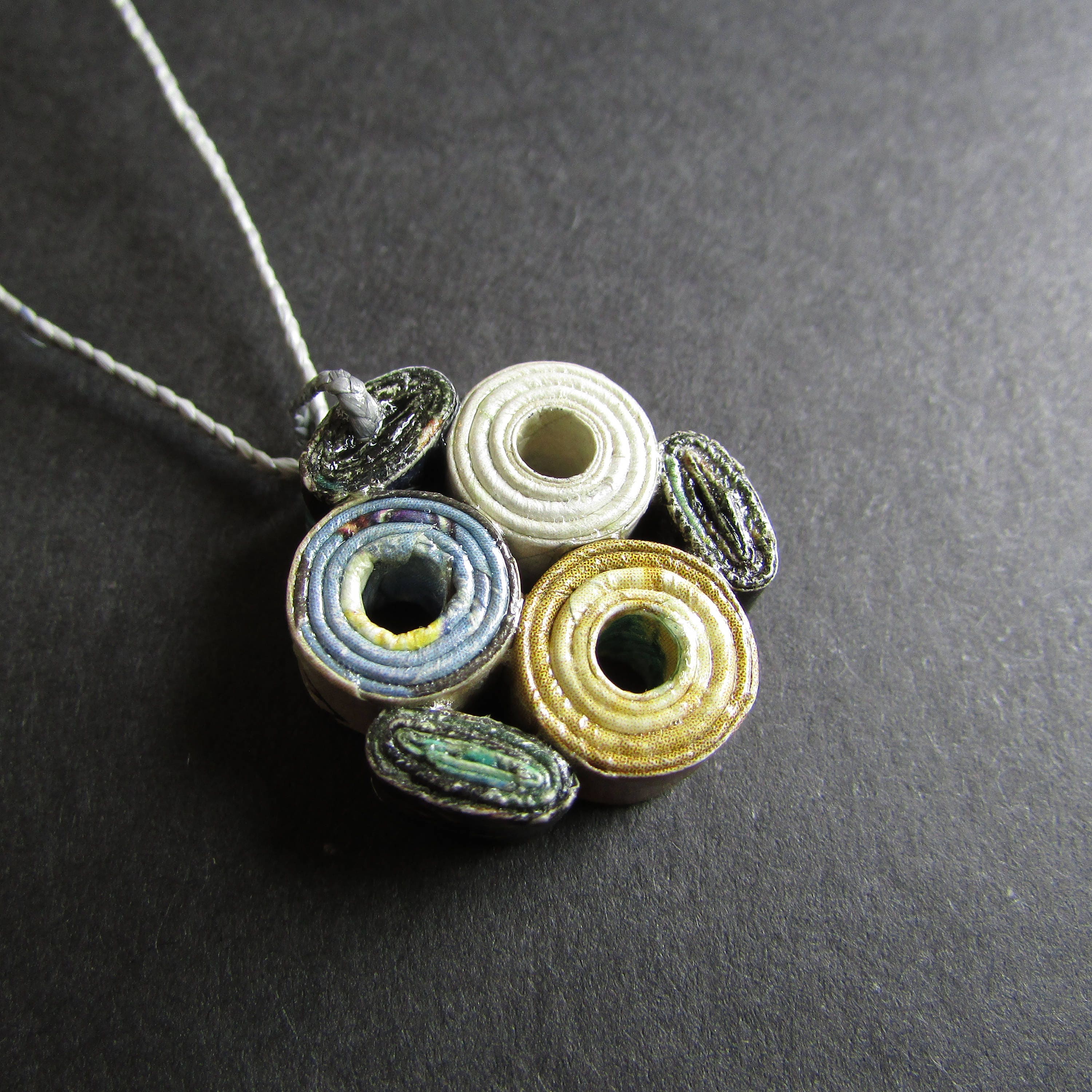 Paper Pendant Necklace with Handmade Cord Blue Gold White