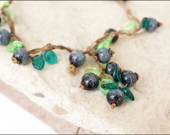 T-form blueberry necklace - Great boho nature necklace - Lampwork berries bijou - Blueberry jewelry