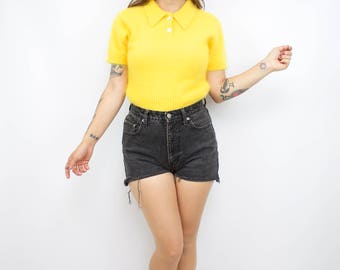 Vintage 90's Yellow Fuzzy Angora Sweater Blouse / 1990's Bright Sweater Top / Women's Size XS/Small/Medium