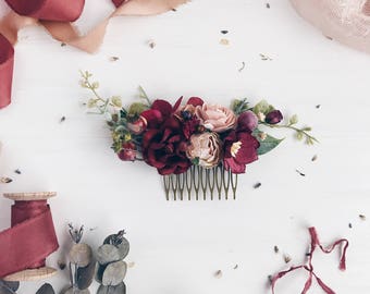 Fall Burgundy floral Hair comb, Deep red Bridal hair comb, Wedding hair comb, Bridal flower headpiece, Wedding headpiece, Fall wedding