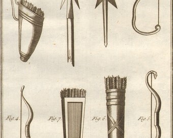 1804 Rare Antique Weapons Engraving Quiver Bow Arrows Laid Paper Encyclopédie Méthodique Recueil D'Antiquites French Paris
