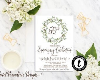 50th Anniversary invitation, Anniversary Invitation, Simple Acorn Greenery Invitation, EDITABLE Anniversary Invitation, Instant Download