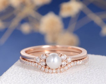 pearl engagement ring set rose gold bridal cluster diamond eternity birthstone antique art deco women anniversary - Pearl Wedding Ring Sets pearl engagement ring set rose gold bridal cluster diamond eternity birthstone antique art deco women anniversary - Pearl Wedding Ring Sets