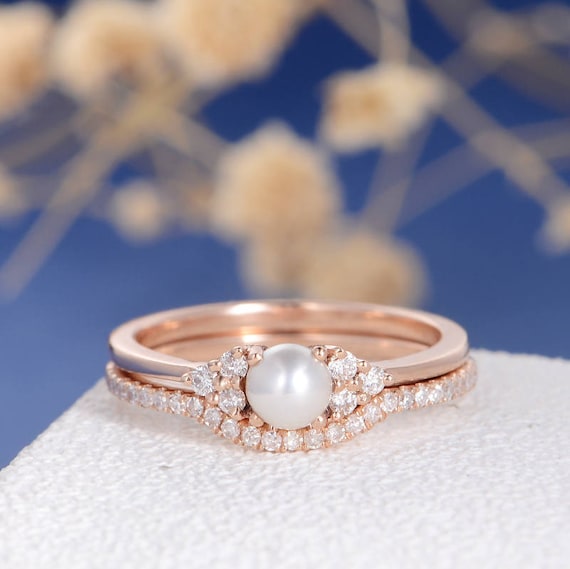 Pearl Engagement Ring Set Rose Gold Bridal Cluster Diamond