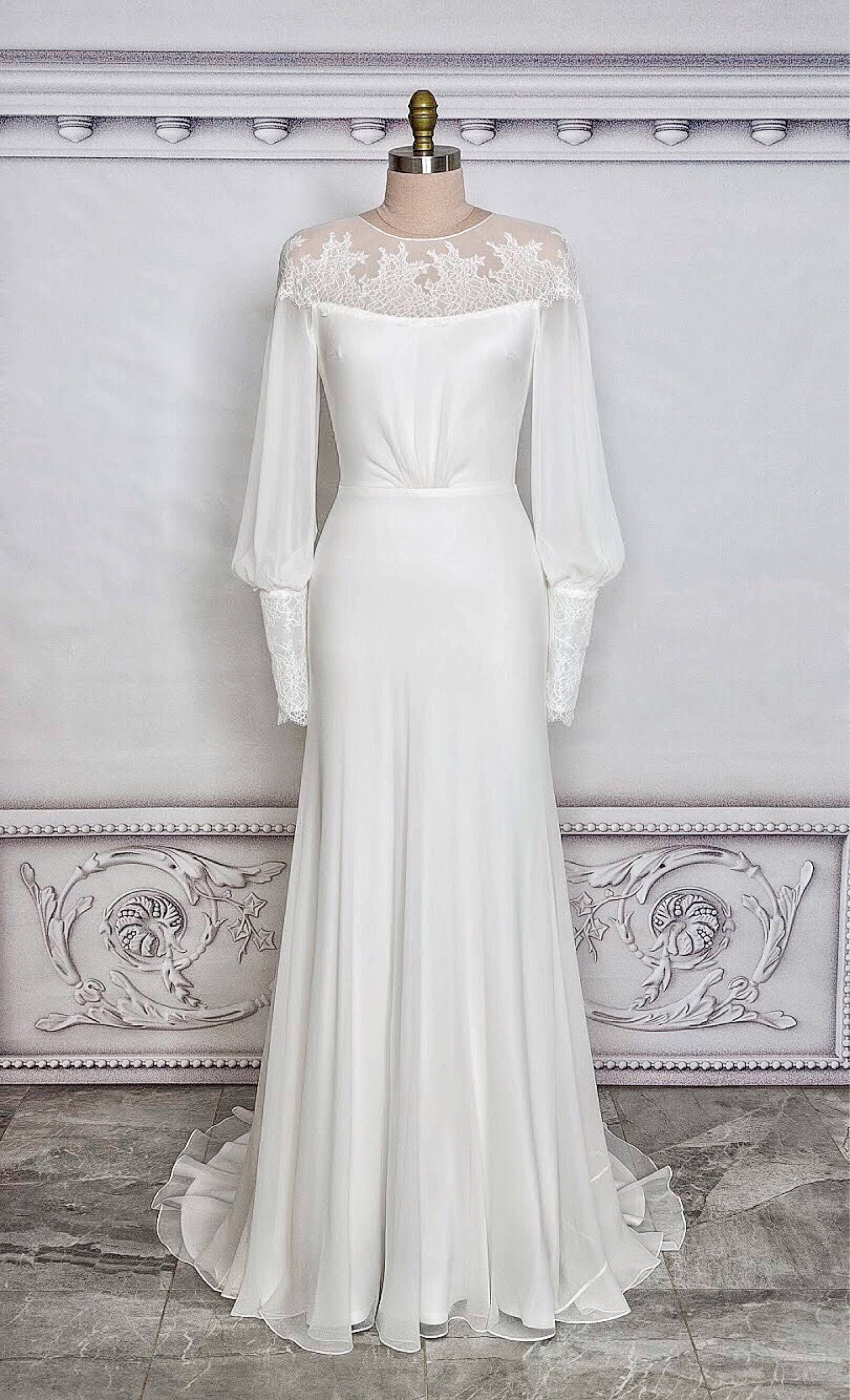 Silk Single Georgette Long Sleeve Wedding Gown With Shoulder