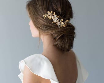 Gold Wedding Headpiece, Ivory Floral Hair Piece, Floral Bridal Headpiece, Gold Bridal Comb, Ivory Bridal Headpiece - BLANCHFLEUR