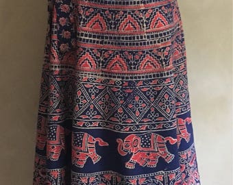 Vintage 70's Cotton Bohemian Wrap Skirt Elephant print - made in India