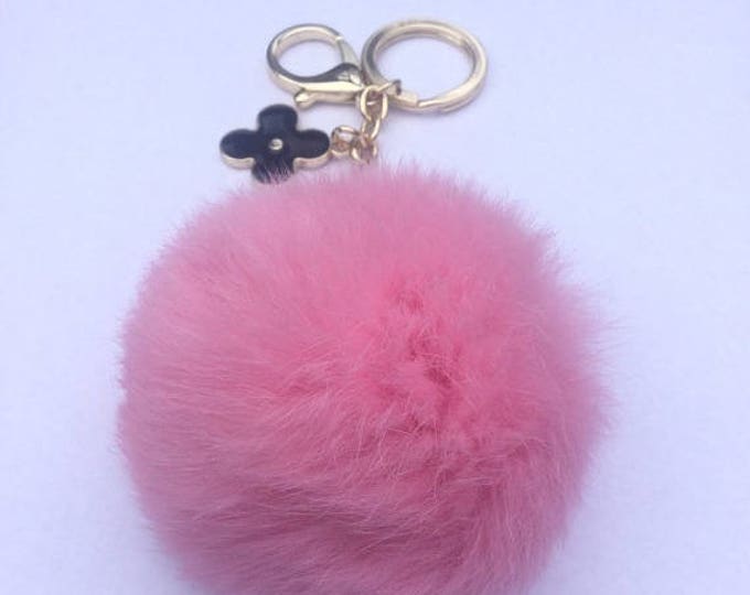 True Pink pom pom keychain REX Rabbit fur pom pom ball with flower bag charm