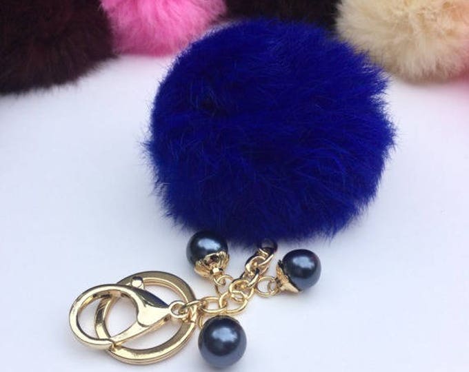 Customer request inspired ROYAL BLUE fur pom pom keychain Rabbit real fur puff ball