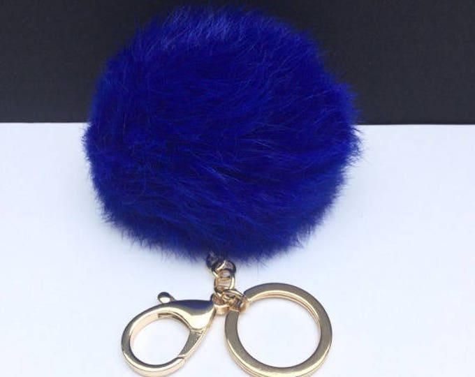 DIY Wholsale Royal Blue Real Genuine Rabbit fur pom pom keychain puff ball charm keyring