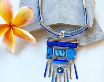 Blue Statement Necklace, Blue Enamel Necklace, Blue Bib Necklace, Blue Chunky Necklace, Navy Blue Necklace, Crystal Bib Necklace