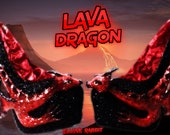 Lava Dragon Heels Scales Custom Hand Sculpt Paint Red Black Shoe Size 3 4 5 6 7 8 High Platform Monster Kraken octopus Wings Winged elusive