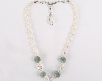 1950's Graduated Aurora Borealis and Aqua Sugar Beads Choker Necklace, Great VTG Cond., 16" at longest w 2-5/8", 7mm Largest Bead.