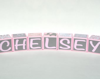 Baby Girl Blocks-Personalized Wooden Blocks-Baby Girl Nursery Decor-Baby Girl Shower Decorations-Pink and Grey Elephant-Baby Shower