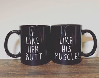 I Like Her Butt I Like His Muscles Cups | Ceramic Coffee Mug SET OF 2 | | Cute Fitness Couple Gift