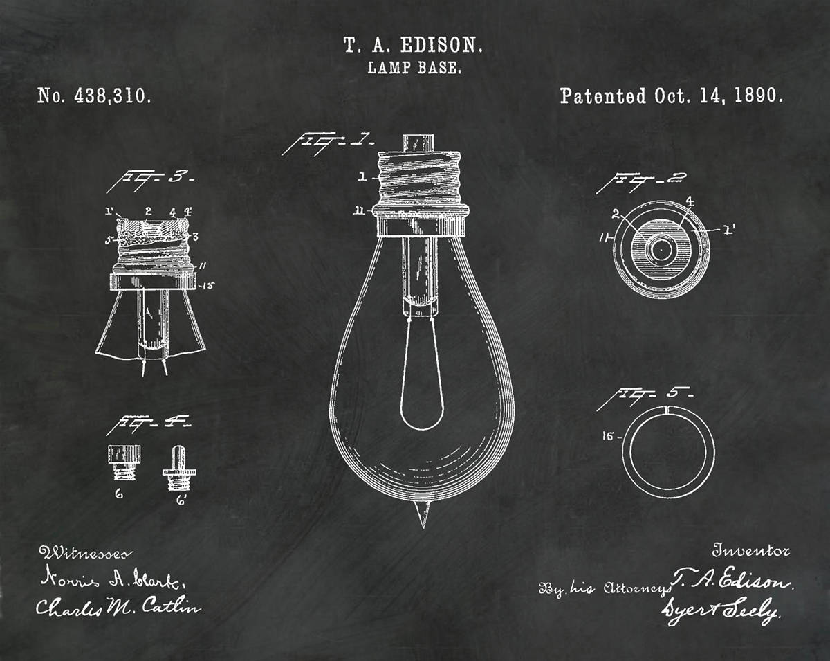1890 Edison Light Bulb Patent Print Vers 2 Wall Art Thomas Edison Invention Electric