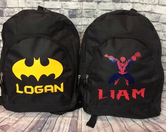 Personalized batman Backpack with any name size 15' hearts,hearts, Army, Dinosaur, Car &Trucks, Heart, Sharks, spiderman