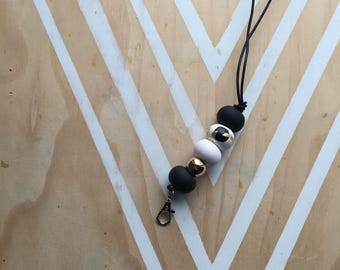 Polymer clay bead beaded lanyard, long keychain keyring. Gold, black, white.