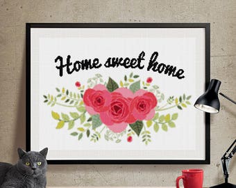 Cross stitch pattern modern. home sweet home, DPF pattern download. Patrón punto de cruz moderno descargable PDF Y JPG.