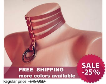 Leather chocker collar Bdsm collar Posture collar Brown leather choker necklace Steampunk choker Sub Slave collar Kitten play collar