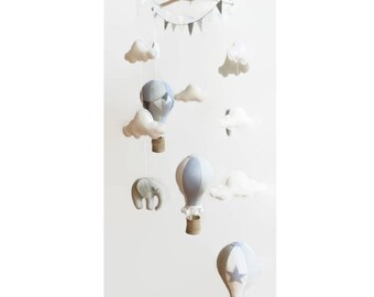 Baby Mobile / Hot Air Balloon Mobile / Crib Mobile / Felt Mobile / Elephant Wooden Mobile / Clouds Mobile / Nursery Mobile / Grey and White