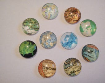 Lot 10 cabochons 11 mm world maps