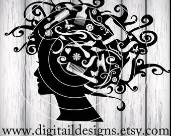 Hair Stylist Head SVG - png - dxf - eps - ai -fcm - Cut File - Silhouette - Cricut - Styling Tools - Hairdresser SVG - Hair Stylist SVG