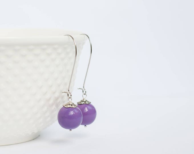 Long purple earrings, Purple long earrings, Long earrings, Earrings ball, Dangle ball earrings, Purple wedding earrings, Long earings 15mm