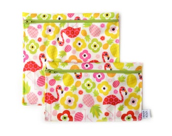 Sacs à sandwich et collation réutilisables - Flamands roses - Reusable bags - 1 snack bag 1 sandwich bag - flamingos