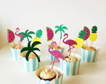Tropical Cupcake Toppers, Pineapple, Palm Tree, Flamingo, Melon, Hawaiian Party, Luau, Tiki Party, Summer Cocktail, Fiesta Time, Set of 12