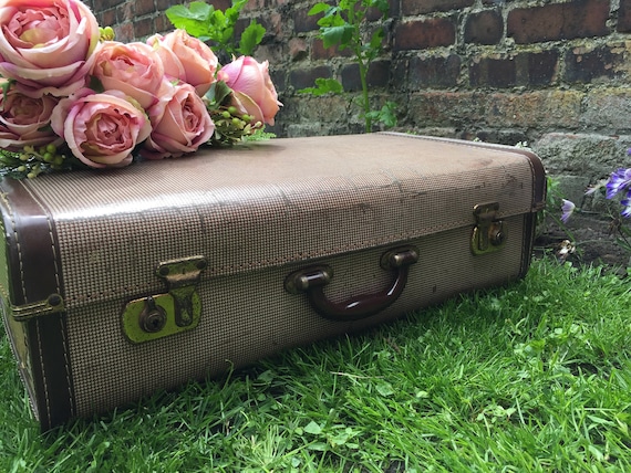Cream and Brown Vintage Suitcase - Vintage Luggage | Brown Travel Case | Vintage Home Decor | Dogtooth Suitcase | Photography Prop