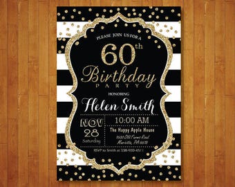 60th Birthday Invitation for women. Surprise 60th Birthday. Black and Gold Glitter. Black Stripes. Confetti. Any age. Printable Digital.