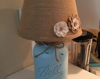 Mason Jar Lamp, Electric, Painted, Distressed, with Coordinating Lamp Shade