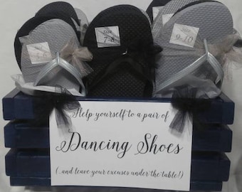 Flip Flops - 15 Shoe tags, sign and hand made crate or basket for wedding dancing shoes