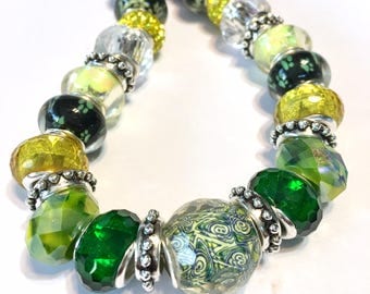 Pandora style Bead set 29 pieces large hole fits pandora biaggi duck yellow and green necklace or just the beads
